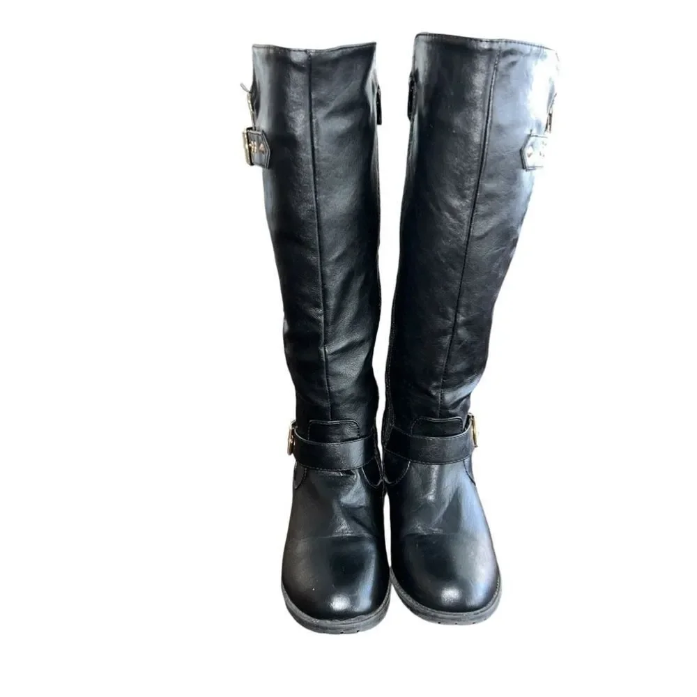 Cambridge Select Women's Riding Boots Black Block Heels Mid Calf Buckle Zip 7.5